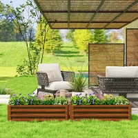 Outsunny Galvanized Raised Garden Beds, Outdoor Planter Box, Set of 2, for Flowers, Herbs and Vegetables, Brown Wood Effect(m-9)