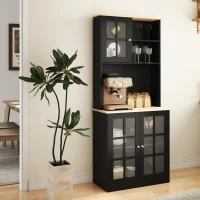 HOMCOM Kitchen Buffet with Hutch, Storage Pantry with 3 Cabinets, 2 Open Shelves and Large Countertop, Black(m-11)