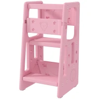 Qaba Toddler Tower with Adjustable Height, Anti-slip Mat, Toddler Step Stool, Pink(m-1)