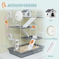 PawHut 4-Level Large Hamster Cage with DIY Tubes, Water Bottle, Food Dish, Hut, Exercise Wheels, Grey(m-5)