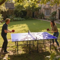 Soozier Full Size Table Tennis Table, Folding Ping Pong Table with Net, Paddles, Balls and Wheels, Blue(m-10)