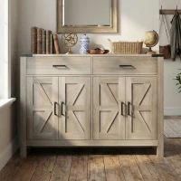 HOMCOM Side Cabinet, Farmhouse Kitchen Storage Cabinet w/ 2 Drawers and Shelves for Living Room, Entryway, Grey(m-11)