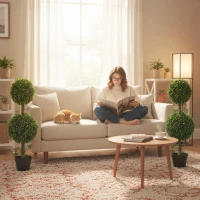 HOMCOM 3FT Artificial Boxwood Topiary Tree Set of 2, Faux Two Ball Topiary Tree in Pot for Indoor Outdoor Decor, Green(m-10)