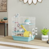 PawHut 3-Level Hamster Cage with Exercise Wheel, Play Tube, Water Bottle, Food Dish, Hut, Ladder, Blue(m-8)