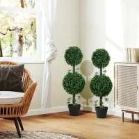 HOMCOM 3FT Artificial Boxwood Topiary Tree Set of 2, Faux Two Ball Topiary Tree in Pot for Indoor Outdoor Decor, Green(m-7)