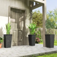 Outsunny 22.8 Inch Set of 3 Outdoor Planters with Stone Finish and Wheels, Stackable Tapered Planters with Drainage Hole, Black(m-10)