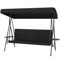 Outsunny 3-Seat Outdoor Porch Swing Patio Swing with Adjustable Canopy, Side Tray, Removable Cushion for Garden, Poolside, Black(m-2)