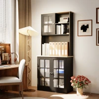 HOMCOM Kitchen Buffet with Hutch, Storage Pantry with 3 Cabinets, 2 Open Shelves and Large Countertop, Black(m-9)