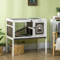 PawHut Rabbit Hutch Dual-Height Design Bunny House with Run Slide-Out Tray White and Coffee(m-1)