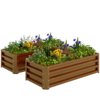 Outsunny Galvanized Raised Garden Beds, Outdoor Planter Box, Set of 2, for Flowers, Herbs and Vegetables, Brown Wood Effect(m-11)
