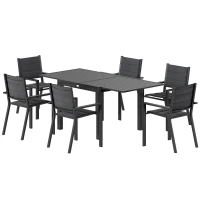 Outsunny Patio Dining Set for 6, Aluminum Expandable Outdoor Table and 6 Stackable Chairs with Padded Back, Mesh Seat, Black(m-2)