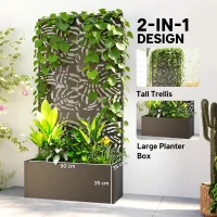 Outsunny Metal Planter Box with Trellis, 71" Tall Raised Garden Bed with Privacy Screen and Drainage Holes, Banana-Leaf Cut-Outs(m-4)