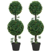 HOMCOM 3FT Artificial Boxwood Topiary Tree Set of 2, Faux Two Ball Topiary Tree in Pot for Indoor Outdoor Decor, Green(m-11)