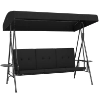 Outsunny 3-Seat Outdoor Porch Swing Patio Swing with Adjustable Canopy, Side Tray, Removable Cushion for Garden, Poolside, Black(m-11)