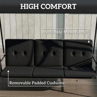 Outsunny 3-Seat Outdoor Porch Swing Patio Swing with Adjustable Canopy, Side Tray, Removable Cushion for Garden, Poolside, Black(m-6)