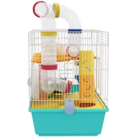 PawHut 3 Tiers Hamster Cage for Gerbil, Dwarf Hamster with Tunnels, Water Bottle, Exercise Wheel, 18" x 11" x 15" - Light Blue(m-10)