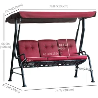 Outsunny 3-Person Porch Swing Chair, Patio Swing Bench with Adjustable Canopy, Removable Thicken Cushion and Weather Resistant Steel Frame for Outdoor, Garden, Poolside, Wine Red(m-3)