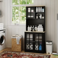 HOMCOM Kitchen Buffet with Hutch, Storage Pantry with 3 Cabinets, 2 Open Shelves and Large Countertop, Black(m-8)