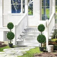 HOMCOM 3FT Artificial Boxwood Topiary Tree Set of 2, Faux Two Ball Topiary Tree in Pot for Indoor Outdoor Decor, Green(m-9)