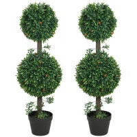 HOMCOM 3FT Artificial Boxwood Topiary Tree Set of 2, Faux Two Ball Topiary Tree in Pot for Indoor Outdoor Decor, Green(m-2)