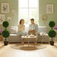 HOMCOM 3FT Artificial Boxwood Topiary Tree Set of 2, Faux Two Ball Topiary Tree in Pot for Indoor Outdoor Decor, Green(m-1)