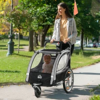 Aosom 2 Seat Bike Trailer for Kids 2-in-1 Baby Stroller with Handbrake, Rubber Wheels, 5 Point Harness, Reflectors, Grey(m-8)
