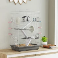 PawHut 4-Level Large Hamster Cage with DIY Tubes, Water Bottle, Food Dish, Hut, Exercise Wheels, Grey(m-9)