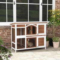 PawHut Two-Tier Wooden Rabbit Hutch with Openable Roof, Slide-Out Tray(m-1)