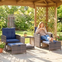 Outsunny 5 Piece Patio Furniture Set, Wicker Patio Chairs with Ottomans, 2-Tier Glass Coffee Table and Cushions, Brown/Dark Blue