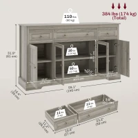 HOMCOM Dining Room Sideboard Buffet Cabinet with Storage, Coffee Bar Cabinet with Glass Doors and Adjustable Shelves, Weathered Grey Oak(m-3)