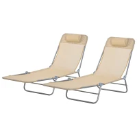 Outsunny Folding Outdoor Lounge Chair Set of 2, Reclining Tanning Chair with 5-Position Adjustable Backrest, Brown(m-2)