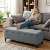 HOMCOM Rectangular Entry Bench, Tufted Upholstered Linen Fabric Wood Feet Storage Ottoman Bench, Grey(m-9)