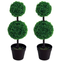 Outsunny 2 Ball Topiary Tree in Pot for Home Decor Set of 2, Artificial Plant for Home Office, Living Room Decor, Dark Green(m-11)