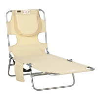 Outsunny Folding Outdoor Lounge Chair, 5-Level Tanning Chair with Face Hole, Side Pocket, Carry Strap for Beach Pool, Beige(m-2)