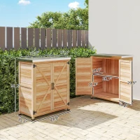 Outsunny Wooden Storage Cabinet, Outdoor Prep Table w/ Metal Tabletop, Shelves and Double Doors for Patio, Garden, Natural Wood(m-3)