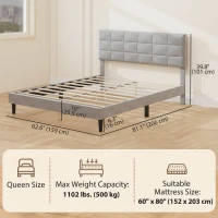 HOMCOM Queen Size Bed Frame with Upholstered Headboard, Modern Platform Bed Frame with Wood Slats, 1100 lbs Capacity, Grey(m-3)