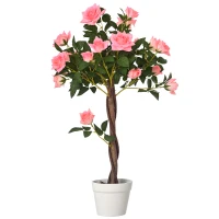 Outsunny 3FT Artificial Plant Pink Rose Floral in Pot, Fake Plant for Home Indoor Decor(m-11)