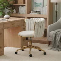 HOMCOM Office Chair, Vanity Chair with Woven Back, Adjustable Height, Rolling Wheels, Cream White(m-8)