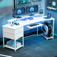 HOMCOM 79 inch Gaming Desk with RGB Lights, Computer Table with Power Outlets & USB Ports, Keyboard Tray and 2 Drawers, White(m-1)