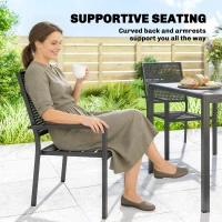 Outsunny Stackable Patio Chairs Set of 2, Outdoor Dining Chairs with Faux Wicker Steel Mesh Back, Slatted Seat, Armrests, Black(m-7)