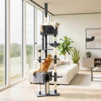 PawHut 91"-98" Floor to Ceiling Cat Tree with 2 Condos, Hammock and Sisal Scratching Posts, for Indoor, Dark Grey(m-8)