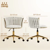 HOMCOM Office Chair, Vanity Chair with Woven Back, Adjustable Height, Rolling Wheels, Cream White(m-3)