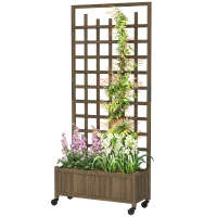 Outsunny Wooden Planter with Trellis, Raised Garden Bed with Wheels, Drainage Holes for Climbing Plants, Flowers, Brown(m-2)