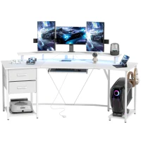 HOMCOM 79 inch Gaming Desk with RGB Lights, Computer Table with Power Outlets & USB Ports, Keyboard Tray and 2 Drawers, White(m-2)