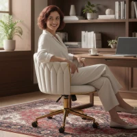 HOMCOM Office Chair, Vanity Chair with Woven Back, Adjustable Height, Rolling Wheels, Cream White(m-10)