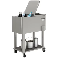 Outsunny 60 Quart Rolling Outdoor Cooler, Portable Rolling Patio Cooler Cart with Locking Wheels, Storage Shelf, Silver(m-11)