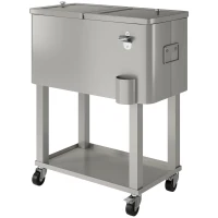 Outsunny 60 Quart Rolling Outdoor Cooler, Portable Rolling Patio Cooler Cart with Locking Wheels, Storage Shelf, Silver(m-2)