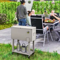 Outsunny 60 Quart Rolling Outdoor Cooler, Portable Rolling Patio Cooler Cart with Locking Wheels, Storage Shelf, Silver(m-9)