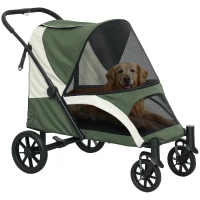 PawHut Foldable Pet Stroller for Large Dogs with Four Big Wheels, Shock-Absorbing Frame, Safety Leashes, Brakes, Dark Green(m-11)