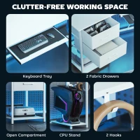 HOMCOM 79 inch Gaming Desk with RGB Lights, Computer Table with Power Outlets & USB Ports, Keyboard Tray and 2 Drawers, White(m-7)